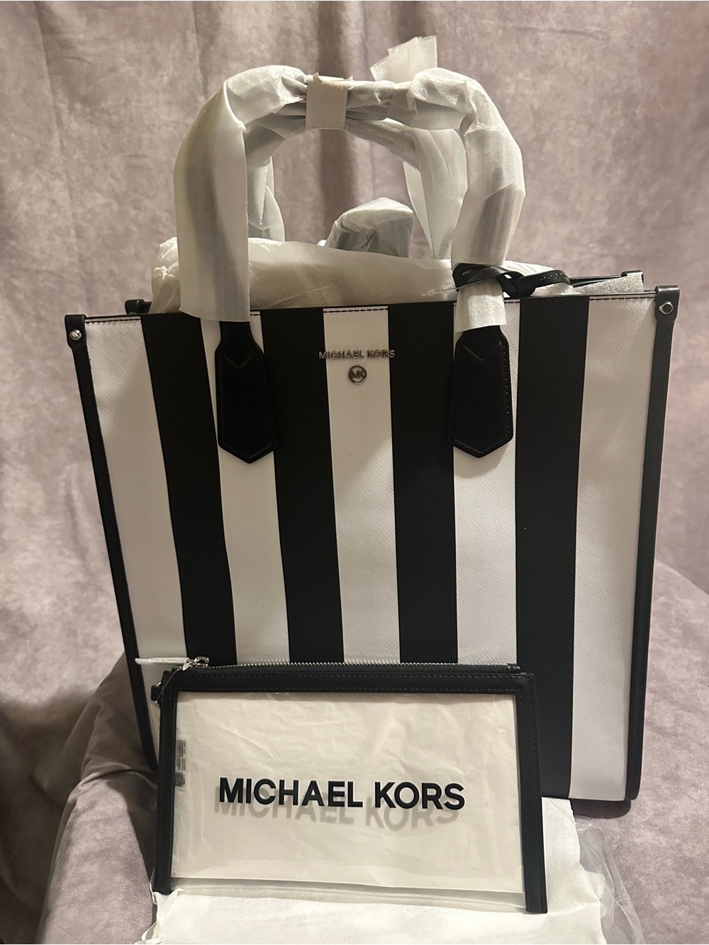 Michael Kors Black and White Striped Tote Bag